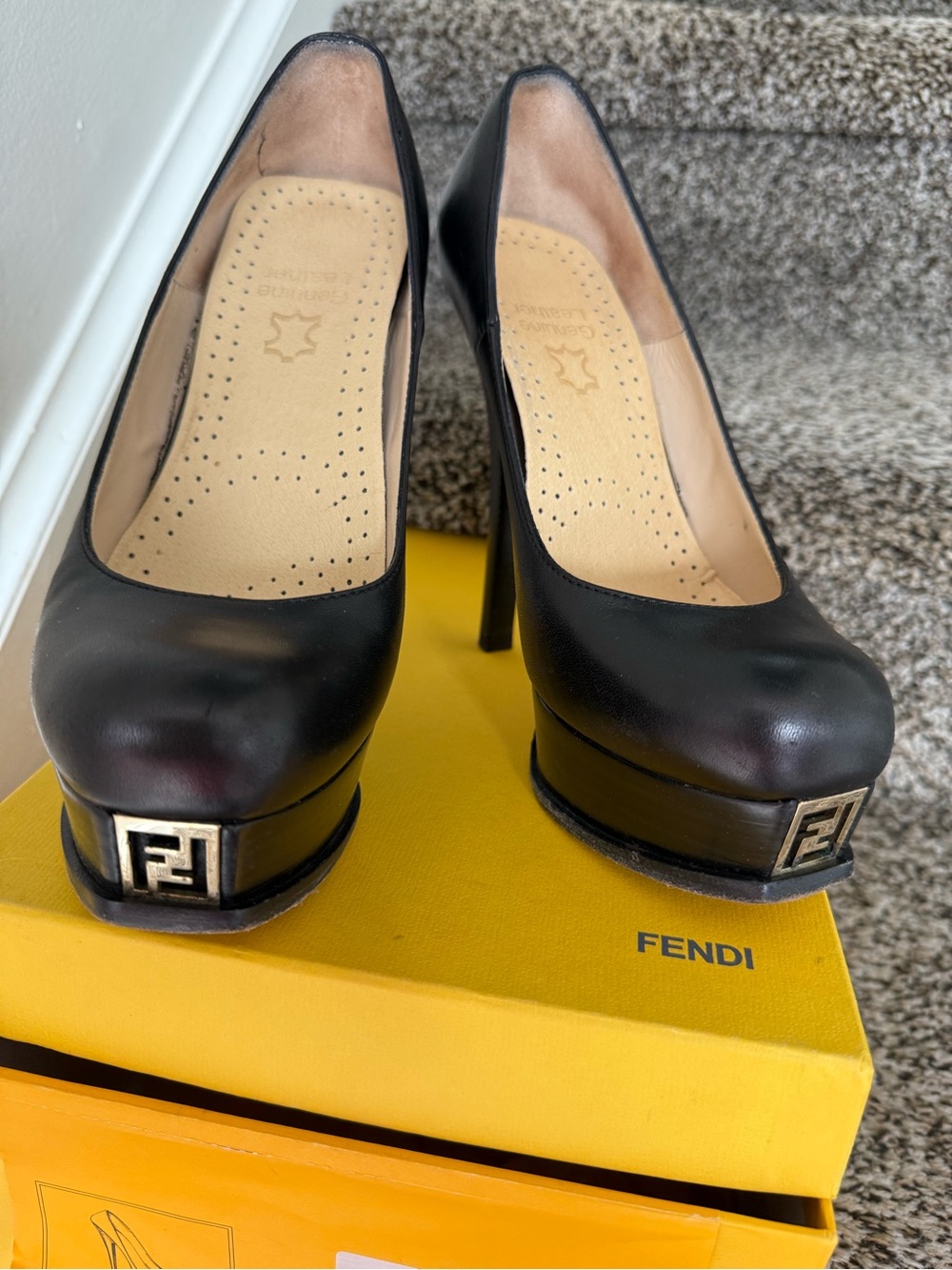 Fendi Black Leather Platform Pumps with Gold FF Logo